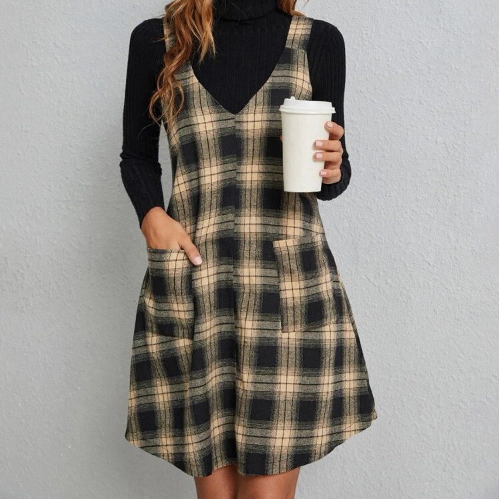 Plaid Pocket Overall Style Dress